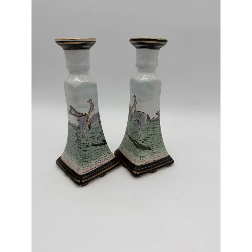 Vintage Chinese Equestrian Hand-Painted Porcelain Candle Holder by Nieman Marcus